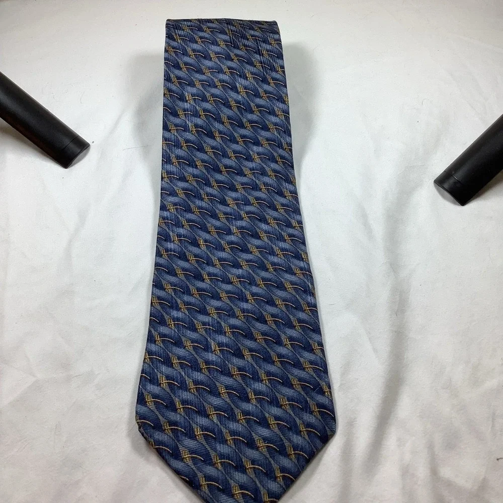 Bill Blass Silk Tie Blue Gold Geometric Abstract Men's Necktie